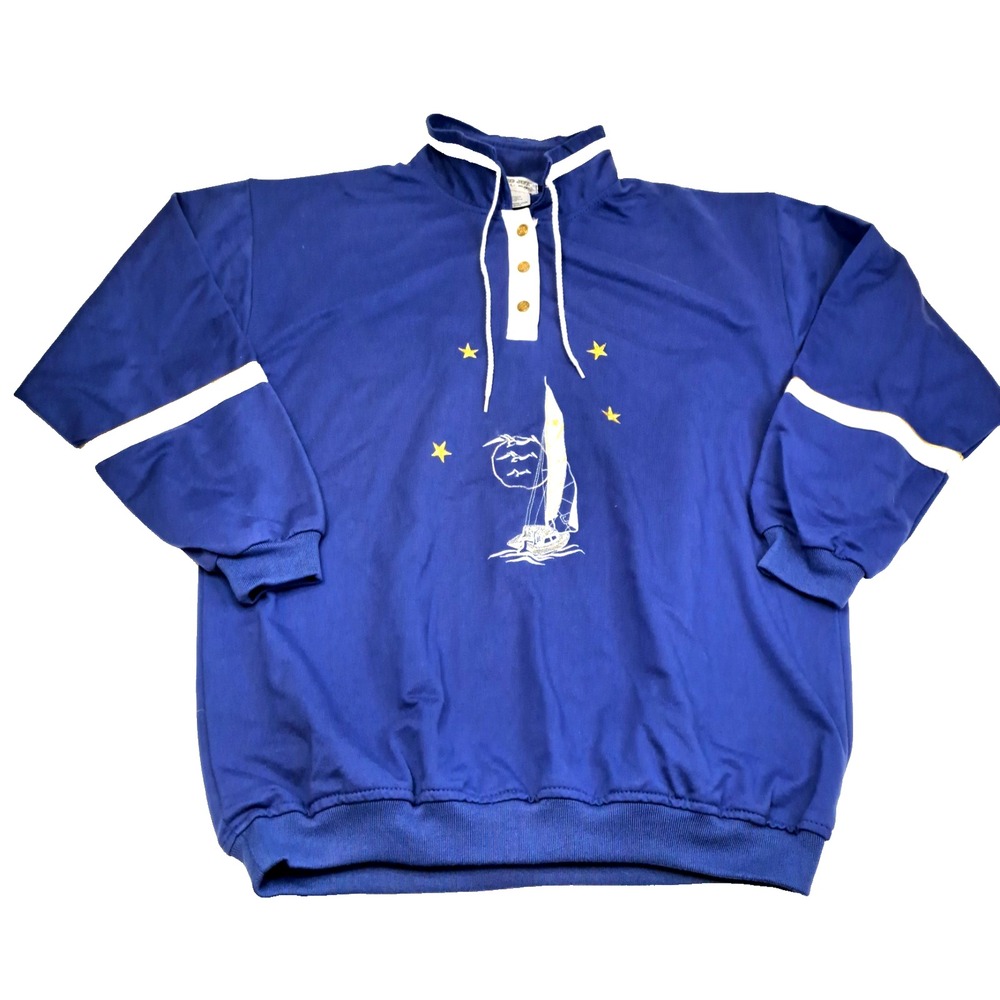 Vtg 90s Nautical Euro Joy Paris Miland Women's 1/4 3 button‎ Sweatshirt Blue